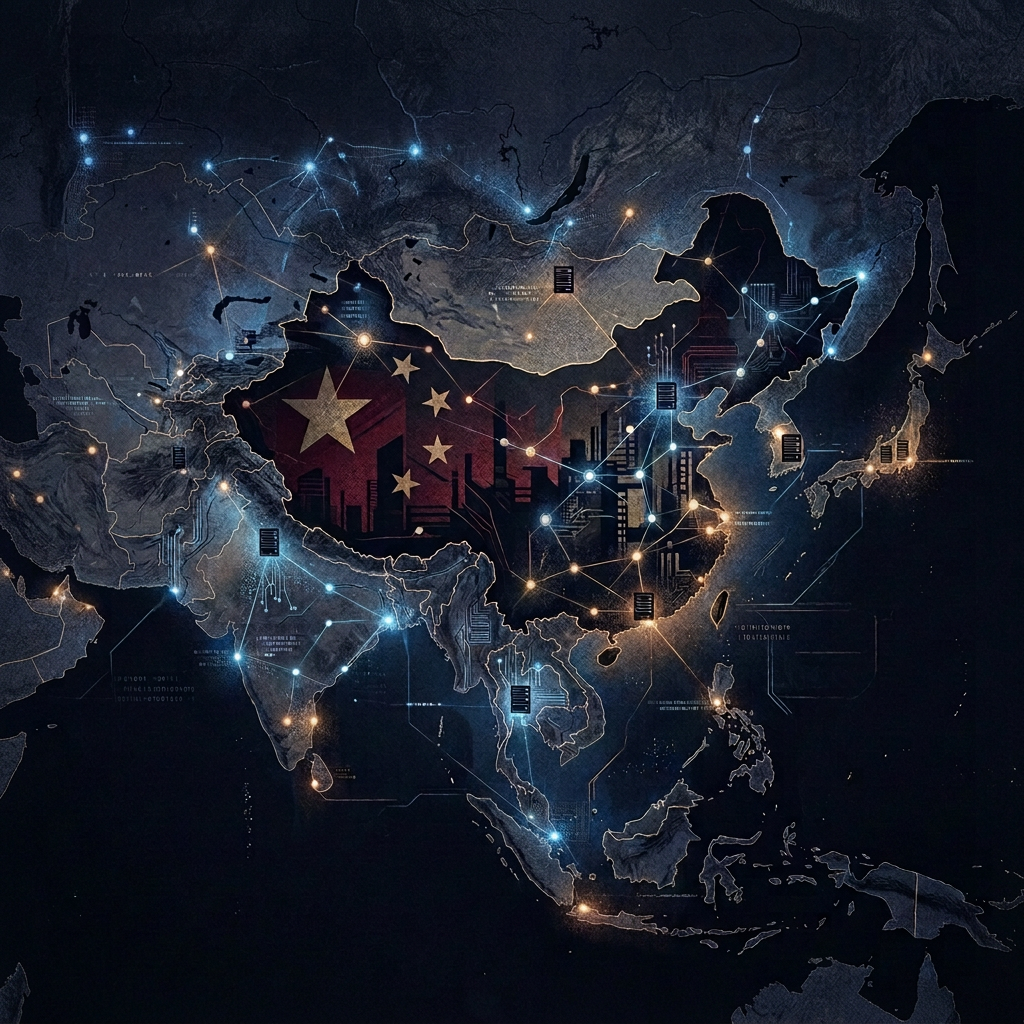 Stylized map of Asia with glowing network connections and China flag stars